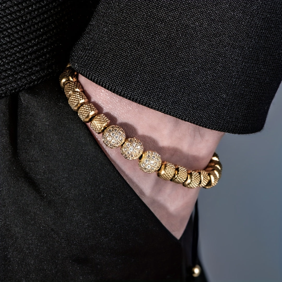 MANORSAGA Men's Adjustable Stainless Steel Bracelet with Blue CZ Beads - 6mm