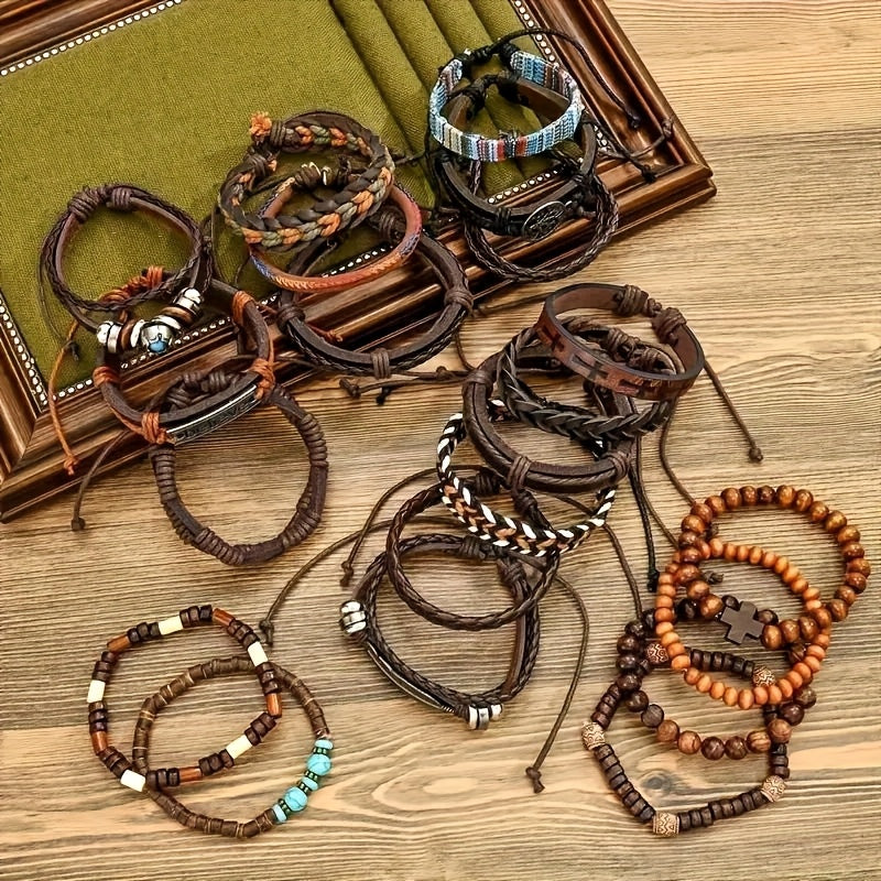 21pcs Men'S Ethnic Tree of Life Cross Bracelet Set - Vintage Style, Synthetic