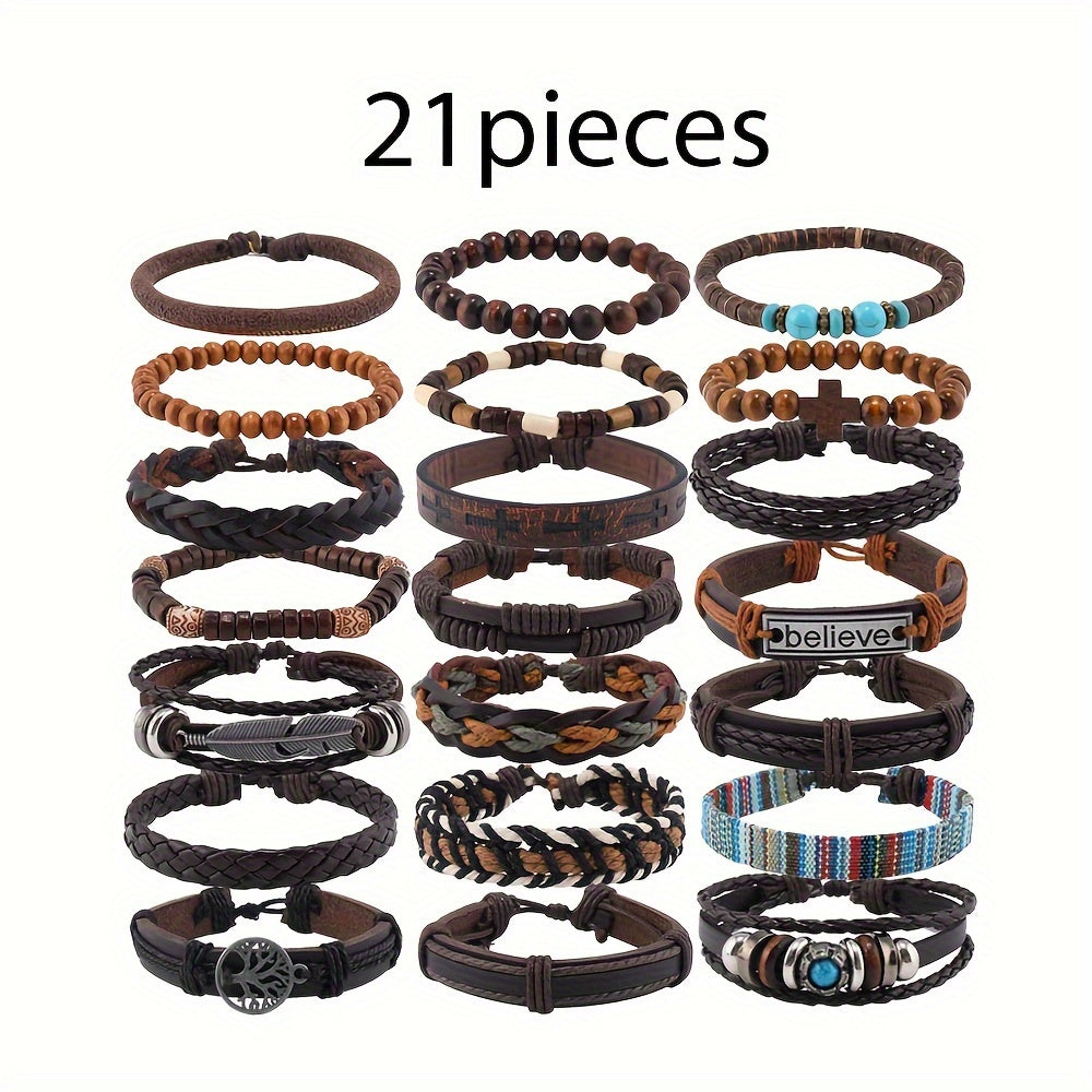 21pcs Vintage Braided Bracelet Set, Unisex Daily Decor Gift for Men and Women