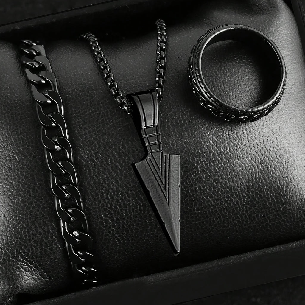 A 3pcs Arrow Jewelry Set for Men And Women, Including a Hip-Hop Chain, Bracelet, Ring, And Necklace.