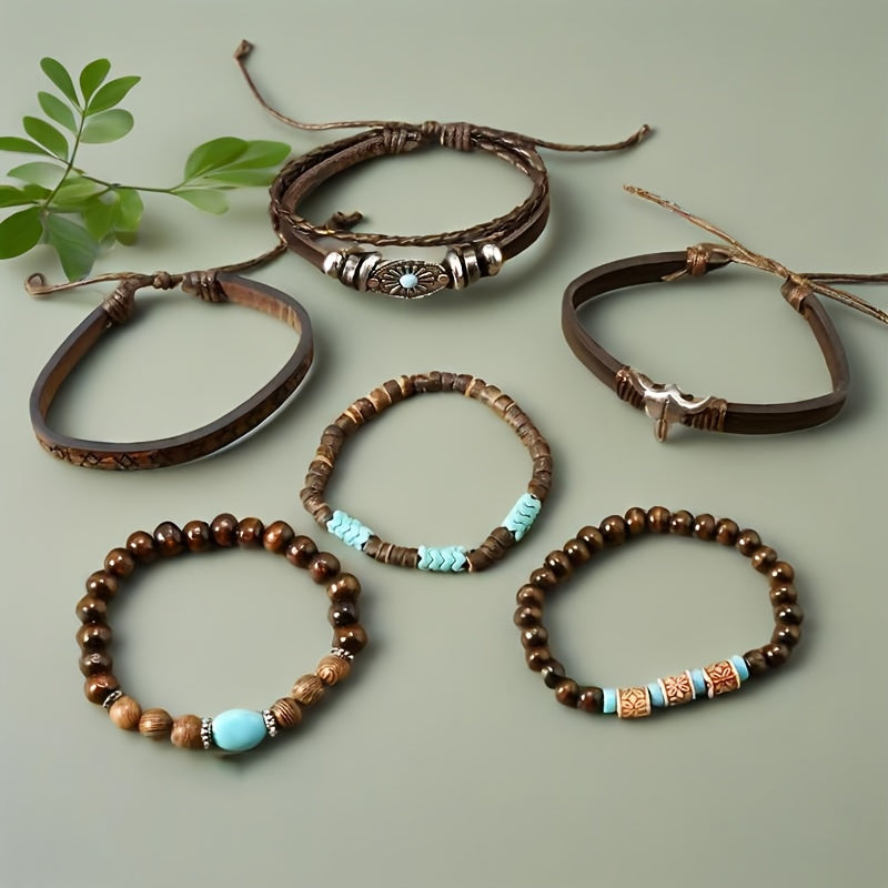 Set of 6 Brown Classic Bull Head Sunflower Bracelets, Stackable And Adjustable