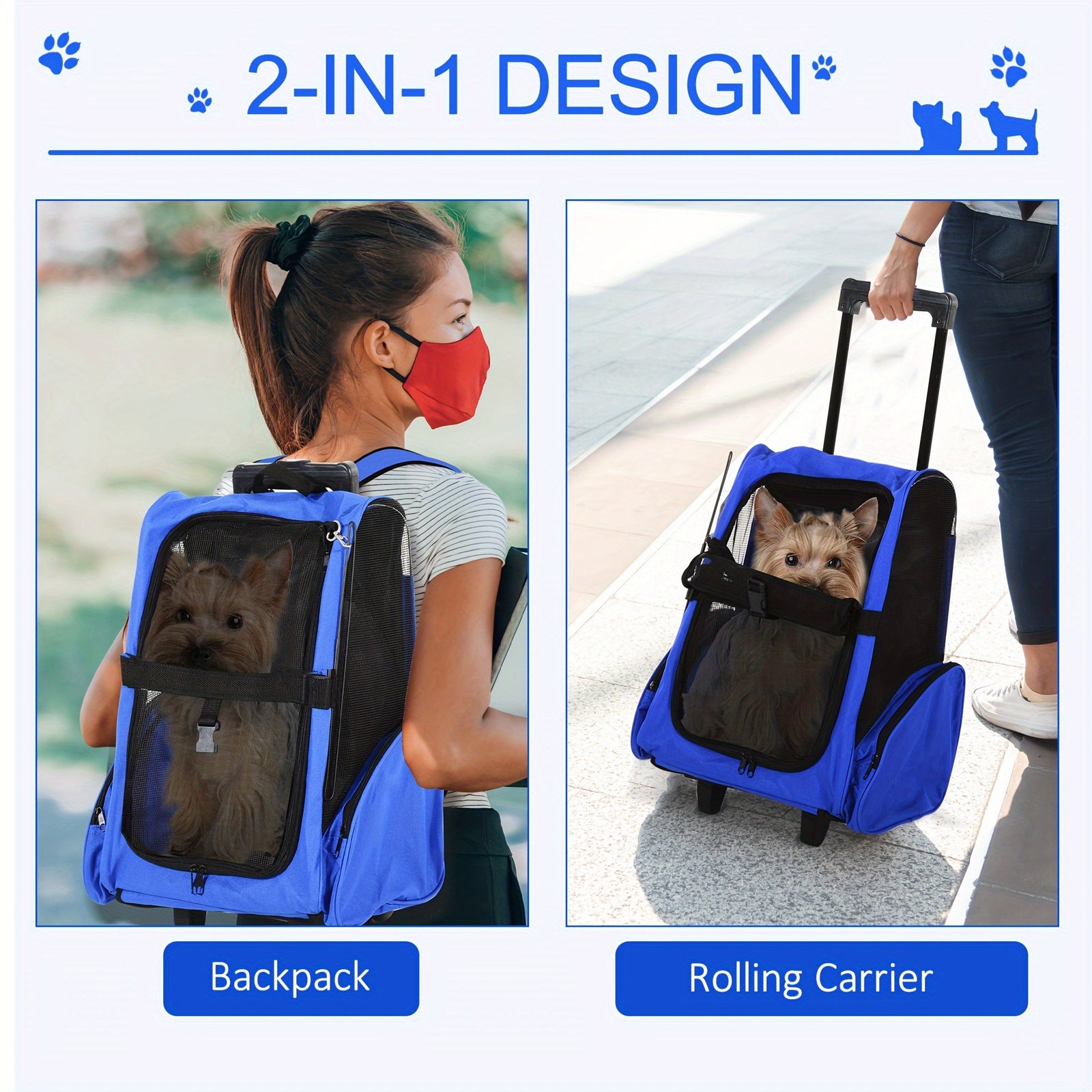 Versatile Blue Pet Carrier Backpack with Rolling Wheels | Removable Stand for Cats & Dogs, Cat Backpack Carrier