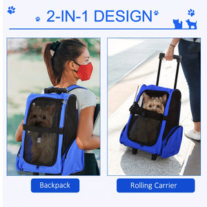 Versatile Blue Pet Carrier Backpack with Rolling Wheels | Removable Stand for Cats & Dogs, Cat Backpack Carrier