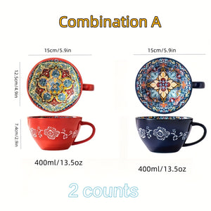 2pcs Bohemian Ceramic Mugs, 13.5oz Large Capacity