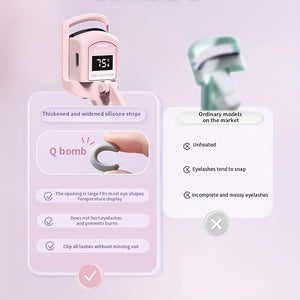 A Pink USB Heated Eyelash Curler with an LED Battery Display, Featuring a Pad That Changes Color with Temperature.