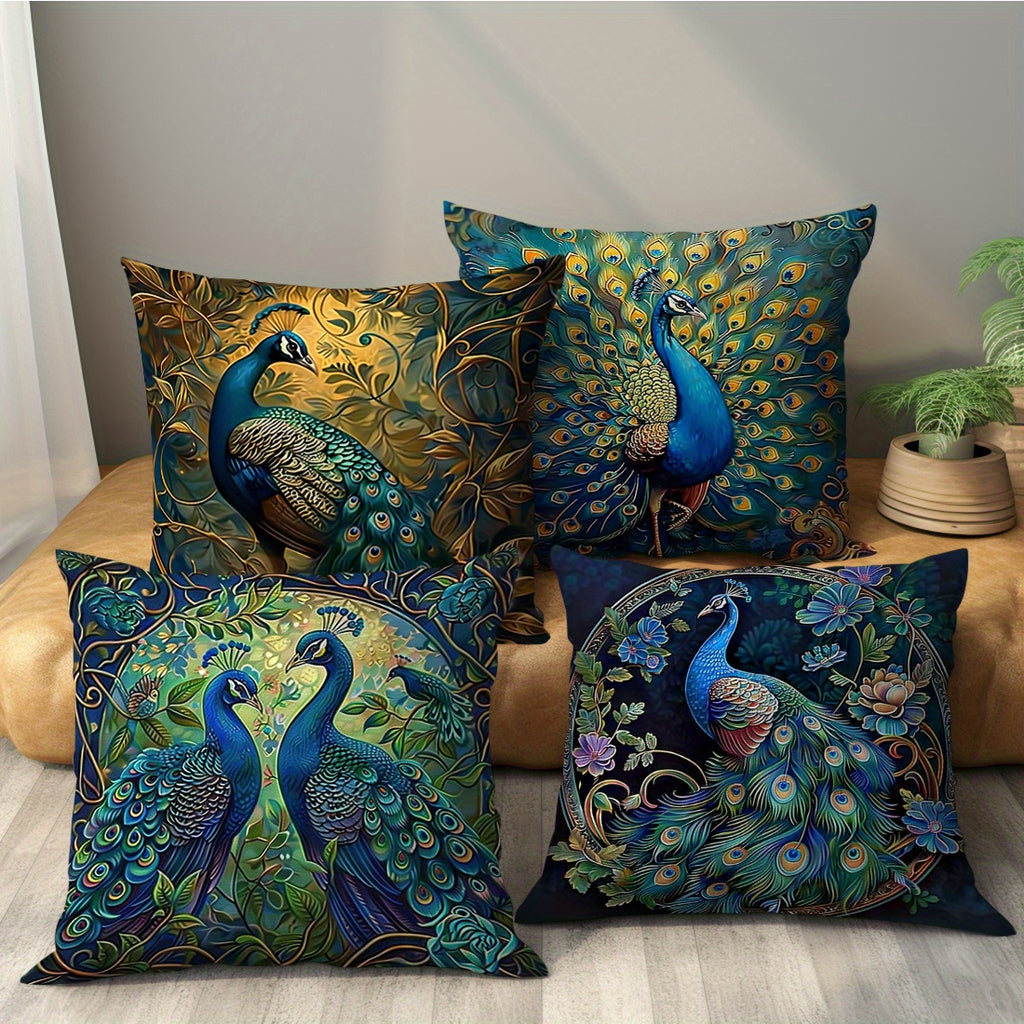 4pcs Vintage Oil Painting Peacock Four-piece Set Single-sided Printed Throw Pillow Sofa Cover