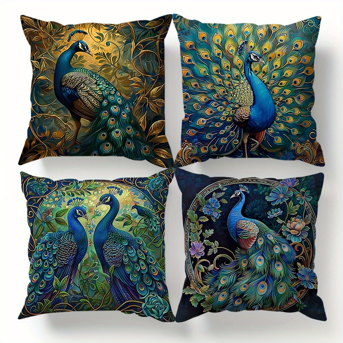 4pcs Vintage Oil Painting Peacock Four-piece Set Single-sided Printed Throw Pillow Sofa Cover