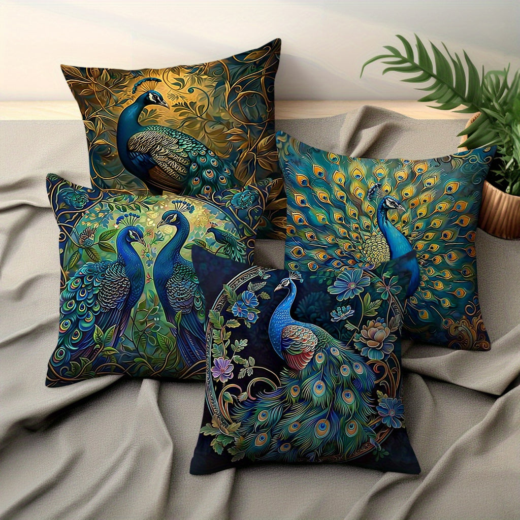 4pcs Vintage Oil Painting Peacock Four-piece Set Single-sided Printed Throw Pillow Sofa Cover