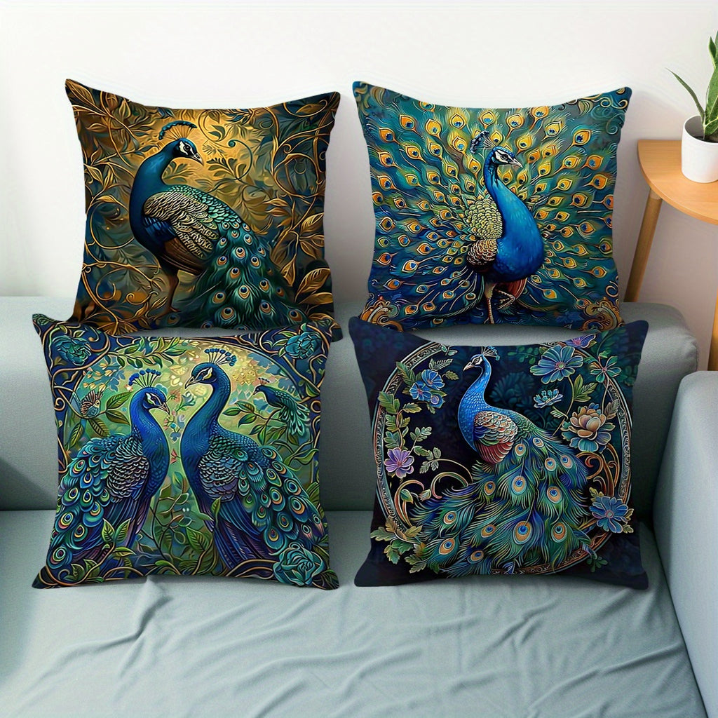 4pcs Vintage Oil Painting Peacock Four-piece Set Single-sided Printed Throw Pillow Sofa Cover