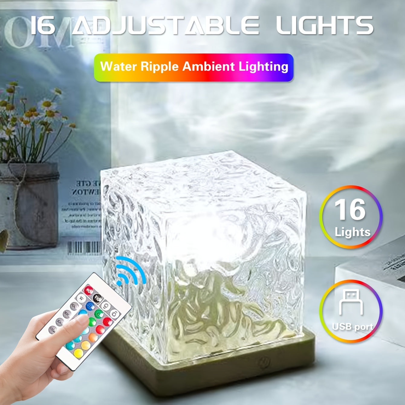 16-Color Water Ripple USB Night Light - Touch &amp; Remote Control, Auto Rotation, Flame Effect, Starry Sky Projection