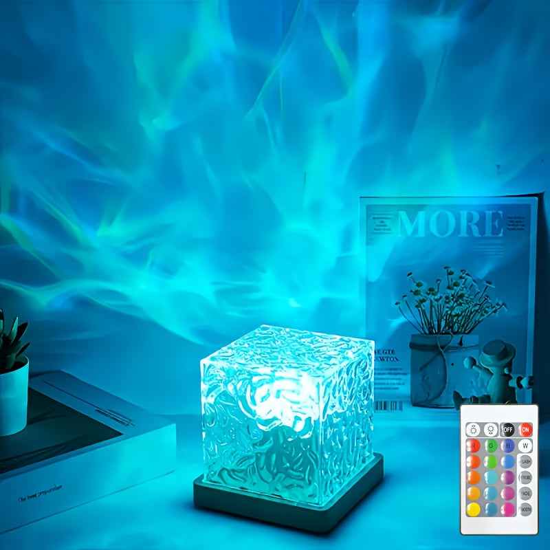 16-Color Water Ripple USB Night Light - Touch &amp; Remote Control, Auto Rotation, Flame Effect, Starry Sky Projection