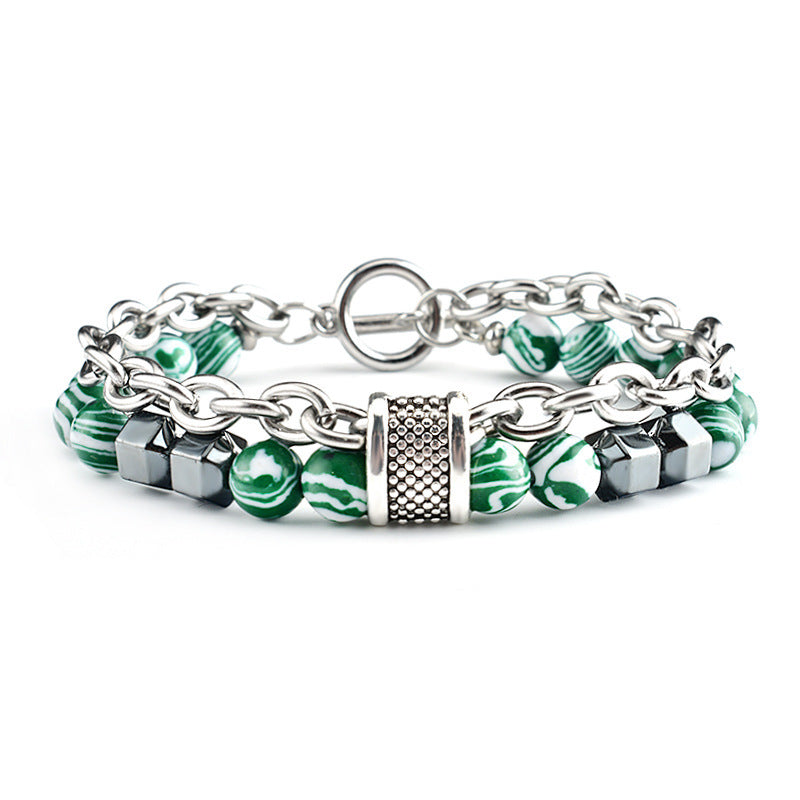 Two-Tiered Multi-Hued Malachite Bead Bracelet Featuring an O-T Clasp