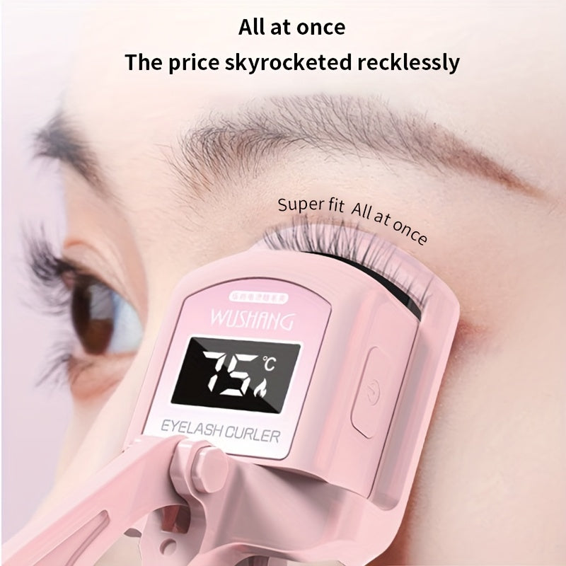 A Pink USB Heated Eyelash Curler with an LED Battery Display, Featuring a Pad That Changes Color with Temperature.