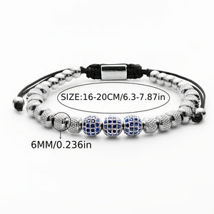 MANORSAGA Men's Adjustable Stainless Steel Bracelet with Blue CZ Beads - 6mm