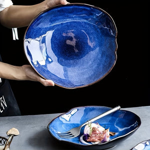 4pcs Cat Eye Blue Color Nordic Ceramic Dinnerware