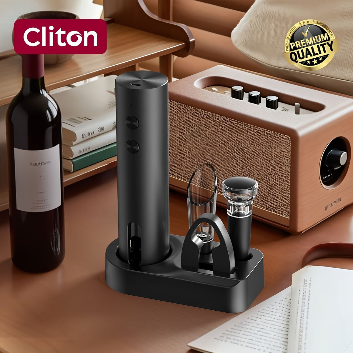 Single/Gift Set Option, Rechargeable Electric Wine Opener with Foil Cutter, Wine Pourer, Vacuum Stopper and Storage Base