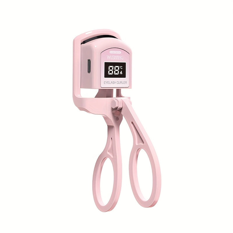 A Pink USB Heated Eyelash Curler with an LED Battery Display, Featuring a Pad That Changes Color with Temperature.