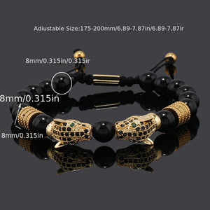 1pc Men's Glossy Black Stone Bead Bracelet with Double Leopard Head Charm
