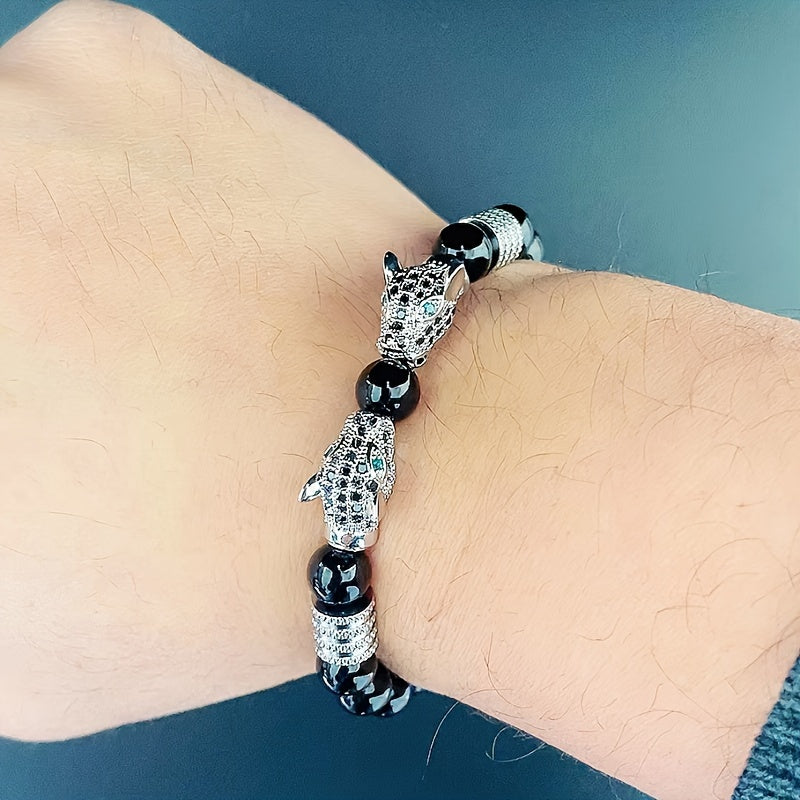 1pc Men's Glossy Black Stone Bead Bracelet with Double Leopard Head Charm