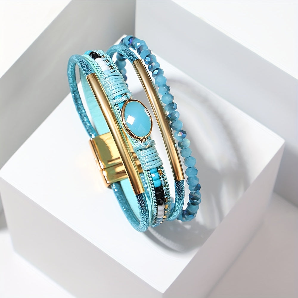 1pc Women's Bohemian Vintage Multilayer Synthetic Leather Wrap Bracelet