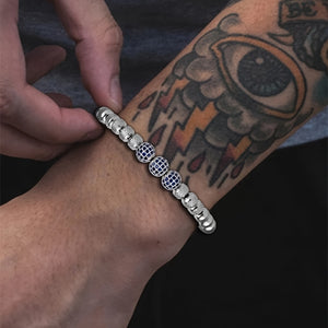 MANORSAGA Men's Adjustable Stainless Steel Bracelet with Blue CZ Beads - 6mm