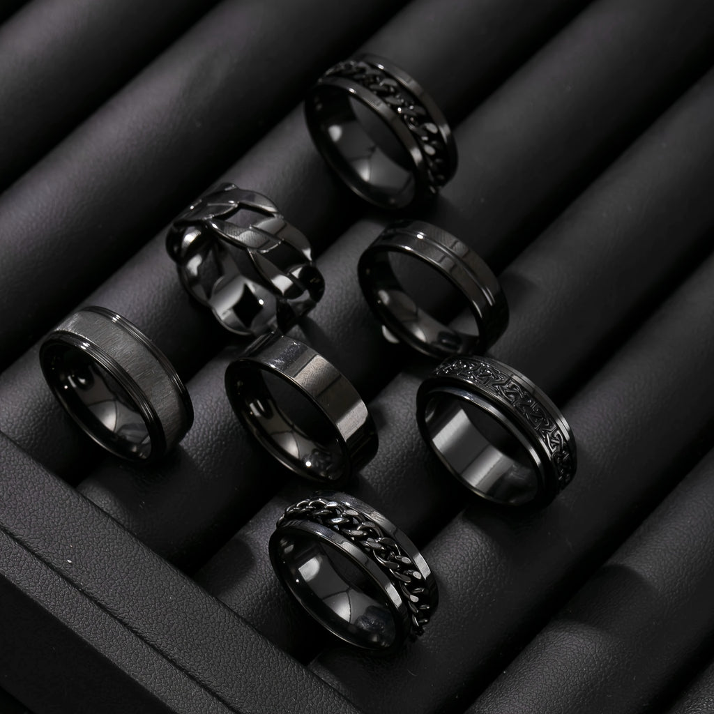 7pcs Stylish Stainless Steel Men's Rings Set |  Modern Jewelry, Durable Metal, Sleek Finish