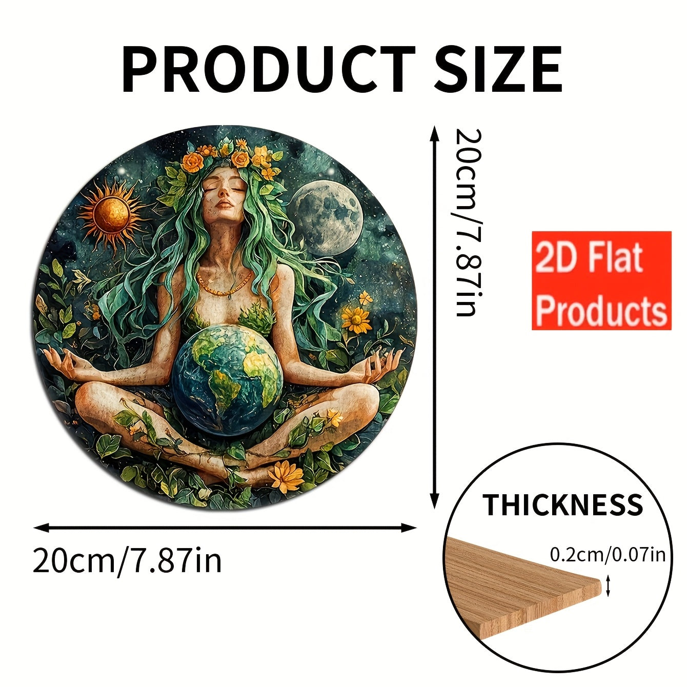 2D Flat, 1pc, Goddess Gaia Earth Mother Sign 8 Inch x 8 Inch, Vintage Wooden Plaque Wall Art