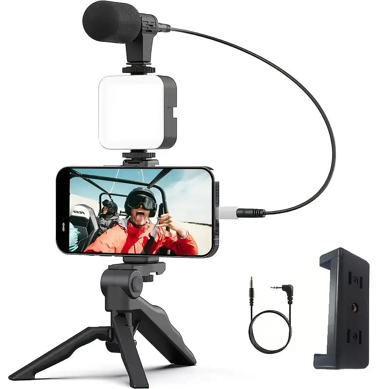 Professional Selfie Stick Video Camera Stand Microphone Kit, Portable Phone Tripod with Fill Light