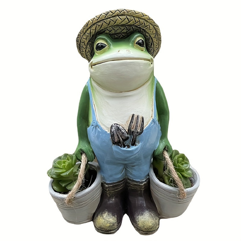 1pc Rustic Frog Statue - Weather-Resistant Resin Garden Frog with Straw Hat &amp; Standing Base