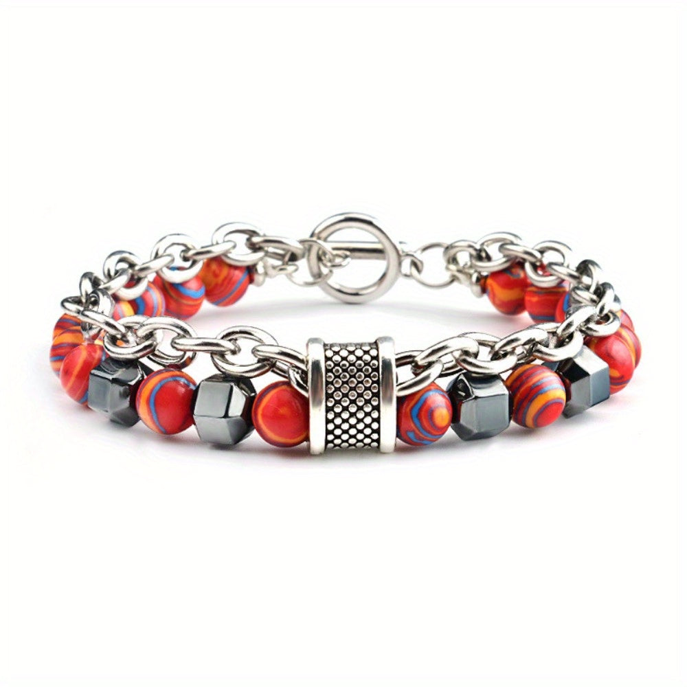 Two-Tiered Multi-Hued Malachite Bead Bracelet Featuring an O-T Clasp