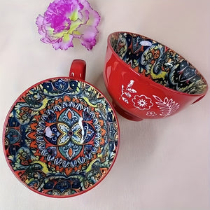 2pcs Bohemian Ceramic Mugs, 13.5oz Large Capacity