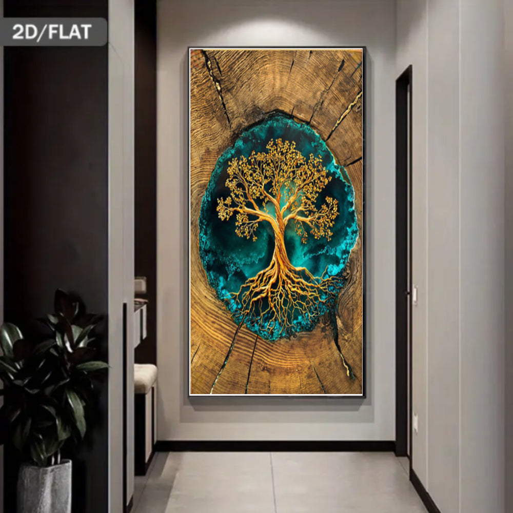2D Flat, Tree of Life Turquoise & Wood Circle Wall Art