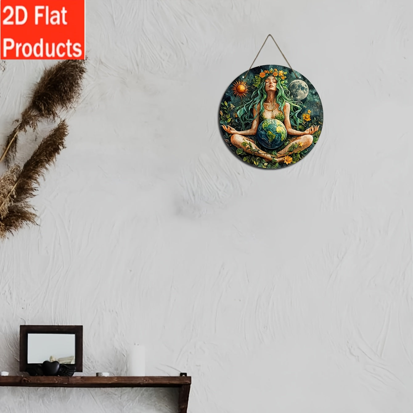 2D Flat, 1pc, Goddess Gaia Earth Mother Sign 8 Inch x 8 Inch, Vintage Wooden Plaque Wall Art