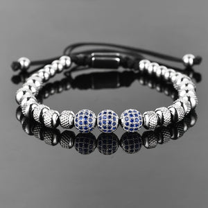 MANORSAGA Men's Adjustable Stainless Steel Bracelet with Blue CZ Beads - 6mm