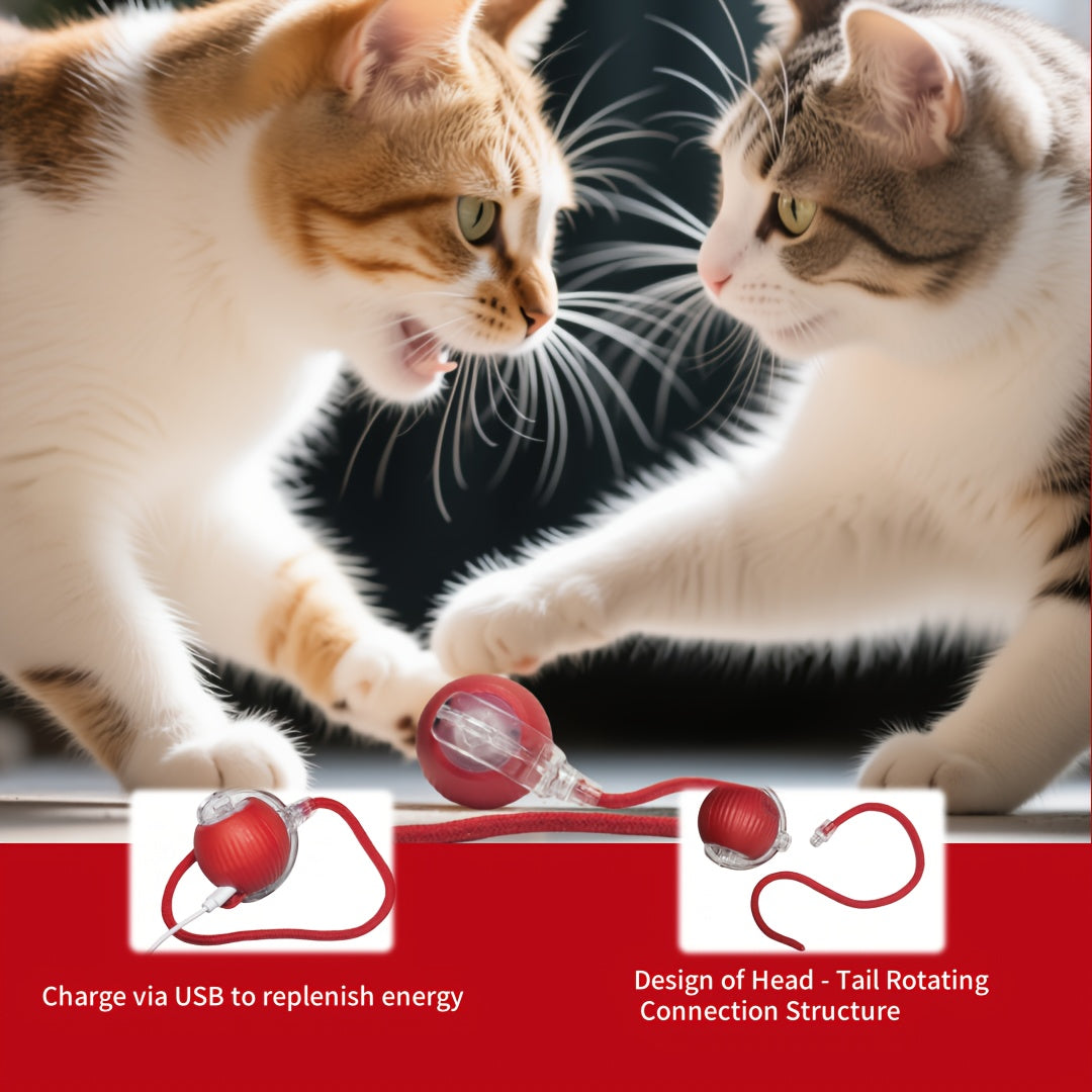 A Red Interactive Spherical Pet Toy with a Tail And Vibration/Lighting Features for Cats