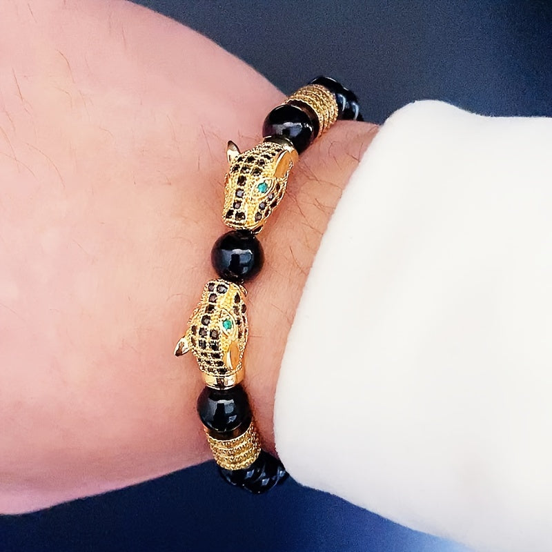 1pc Men's Glossy Black Stone Bead Bracelet with Double Leopard Head Charm