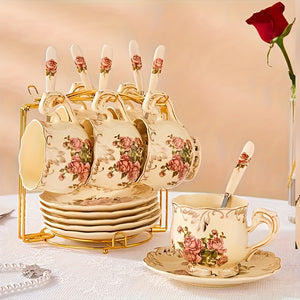 European-Style Coffee Cup And Saucer Set Made of Ivory Ceramic with a Golden Rack