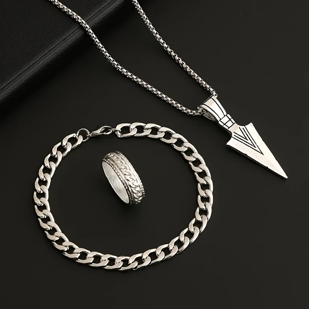 A 3pcs Arrow Jewelry Set for Men And Women, Including a Hip-Hop Chain, Bracelet, Ring, And Necklace.