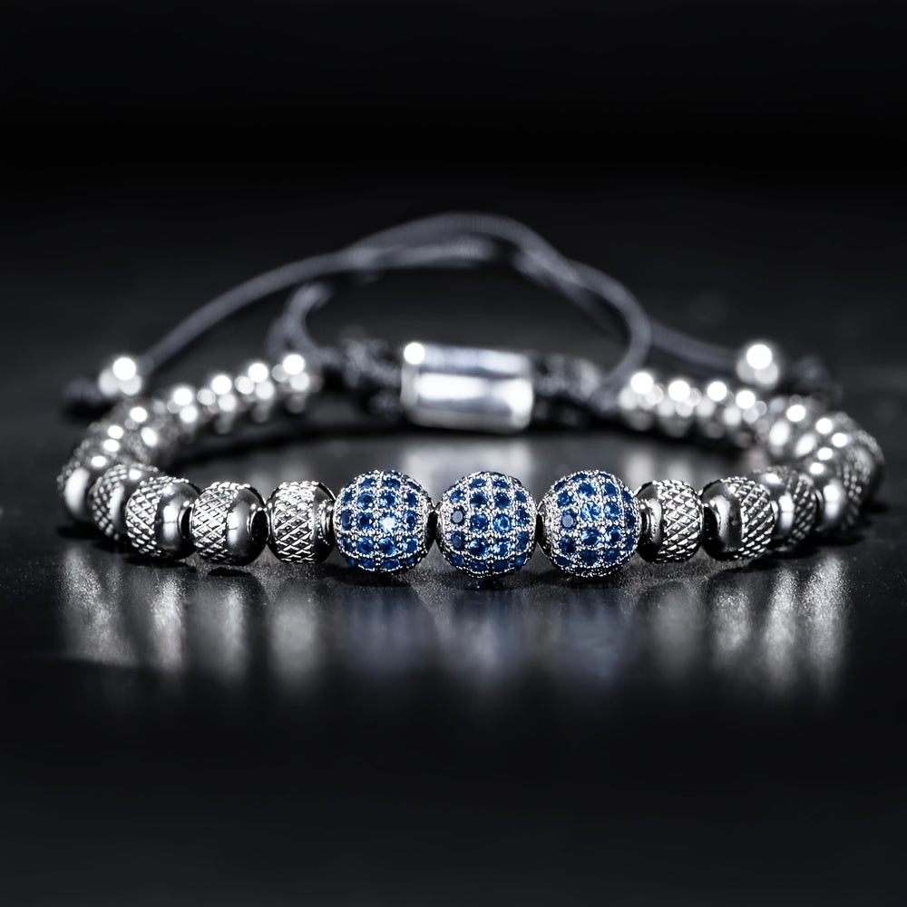 MANORSAGA Men's Adjustable Stainless Steel Bracelet with Blue CZ Beads - 6mm