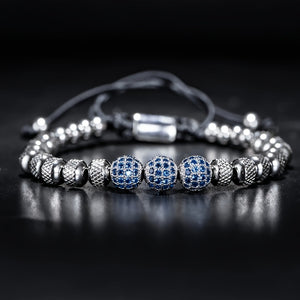 MANORSAGA Men's Adjustable Stainless Steel Bracelet with Blue CZ Beads - 6mm