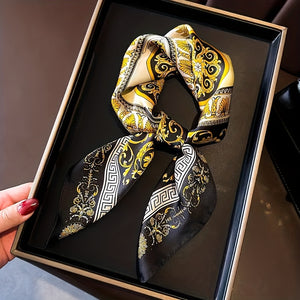 Vintage Golden-Tone Pattern Scarf in Blue and Black