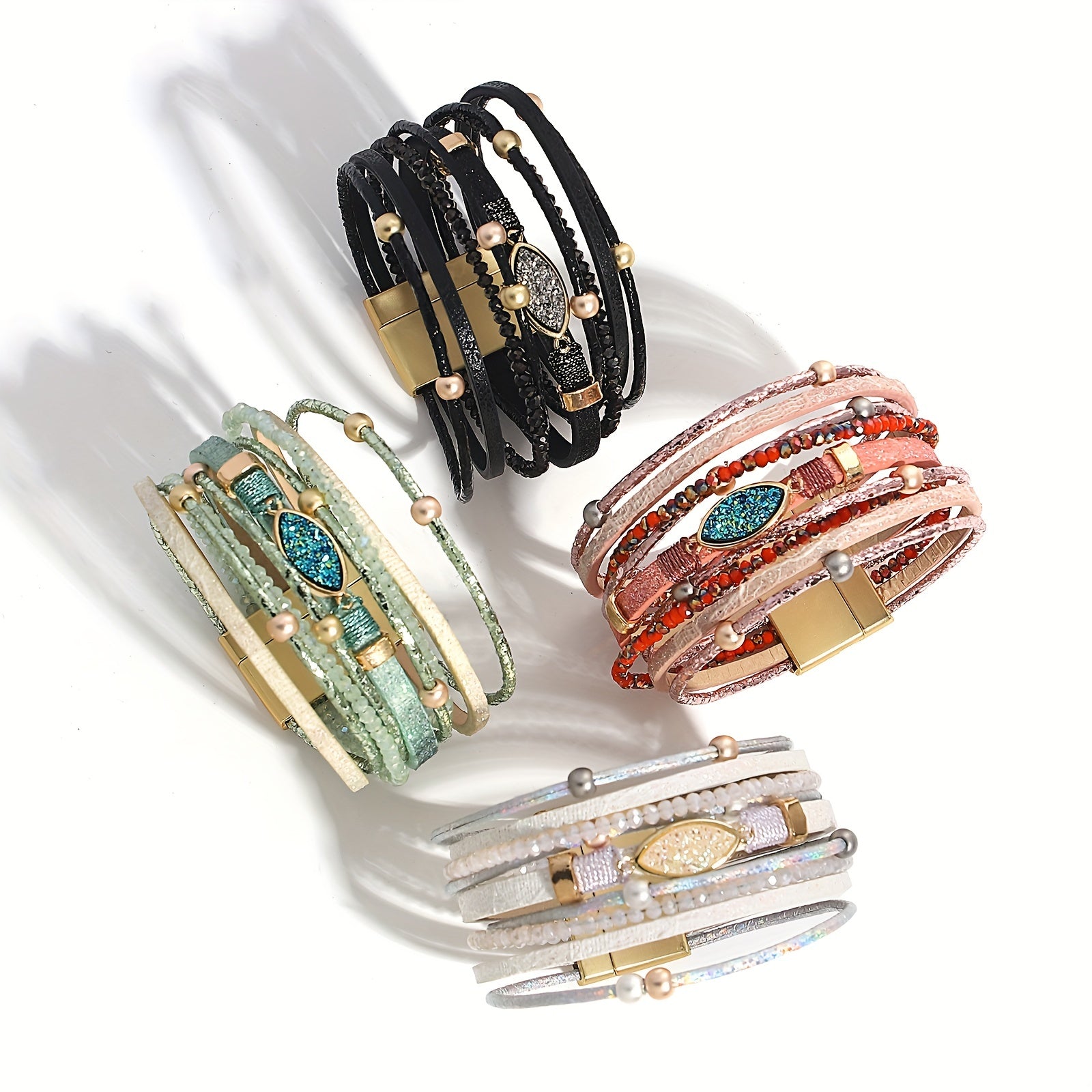 1pc Boho Resin Stone & Synthetic Leather Multilayer Wrap Bracelet for Women