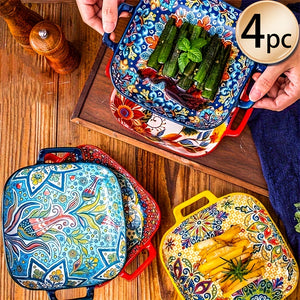4pcs Bohemian Double-Handle Square Plates