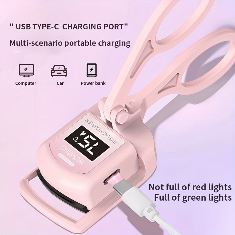 A Pink USB Heated Eyelash Curler with an LED Battery Display, Featuring a Pad That Changes Color with Temperature.