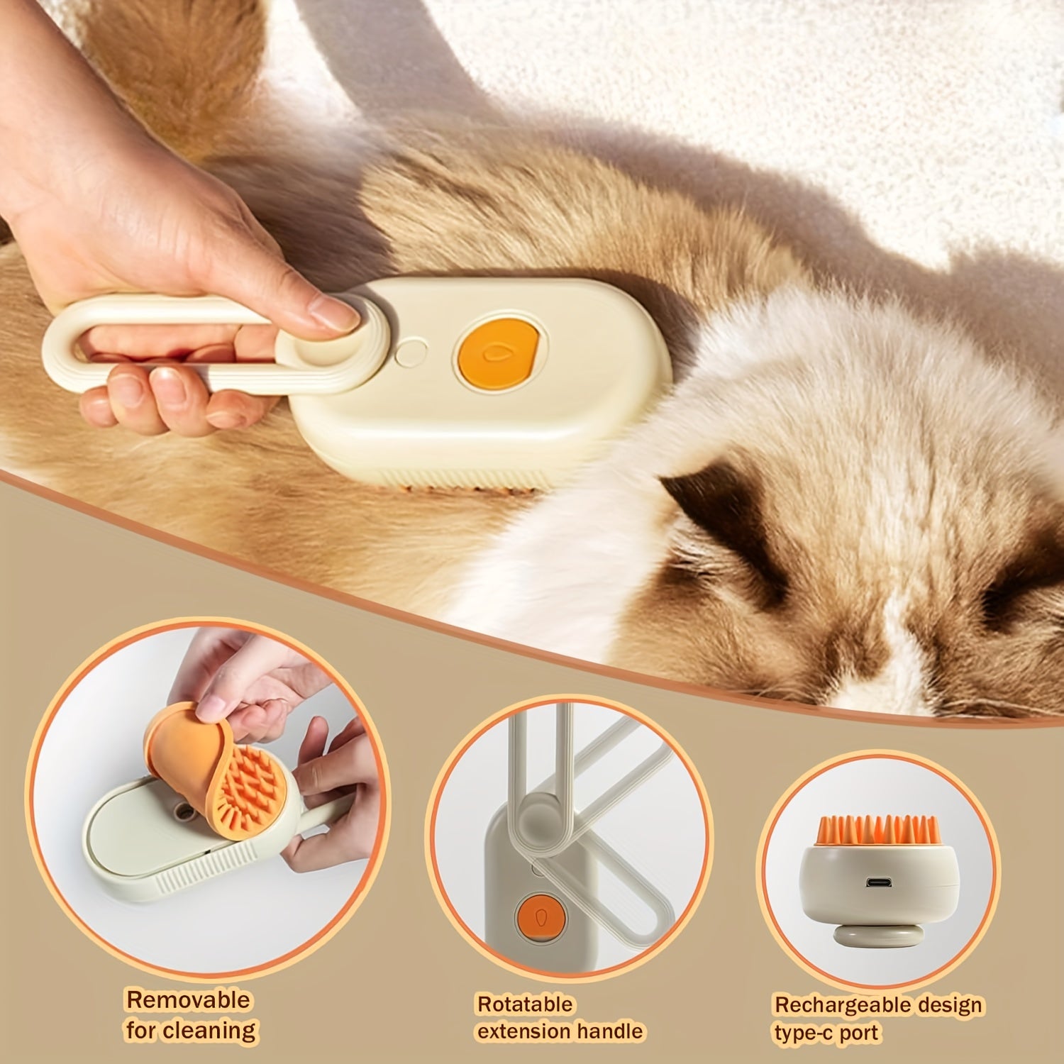 3-in-1 Rechargeable Cat & Dog Hair Removal Steam Comb with Bristles & Steam Technology