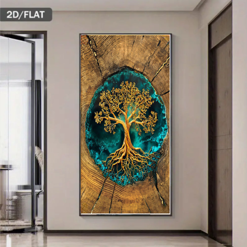 2D Flat, Tree of Life Turquoise & Wood Circle Wall Art