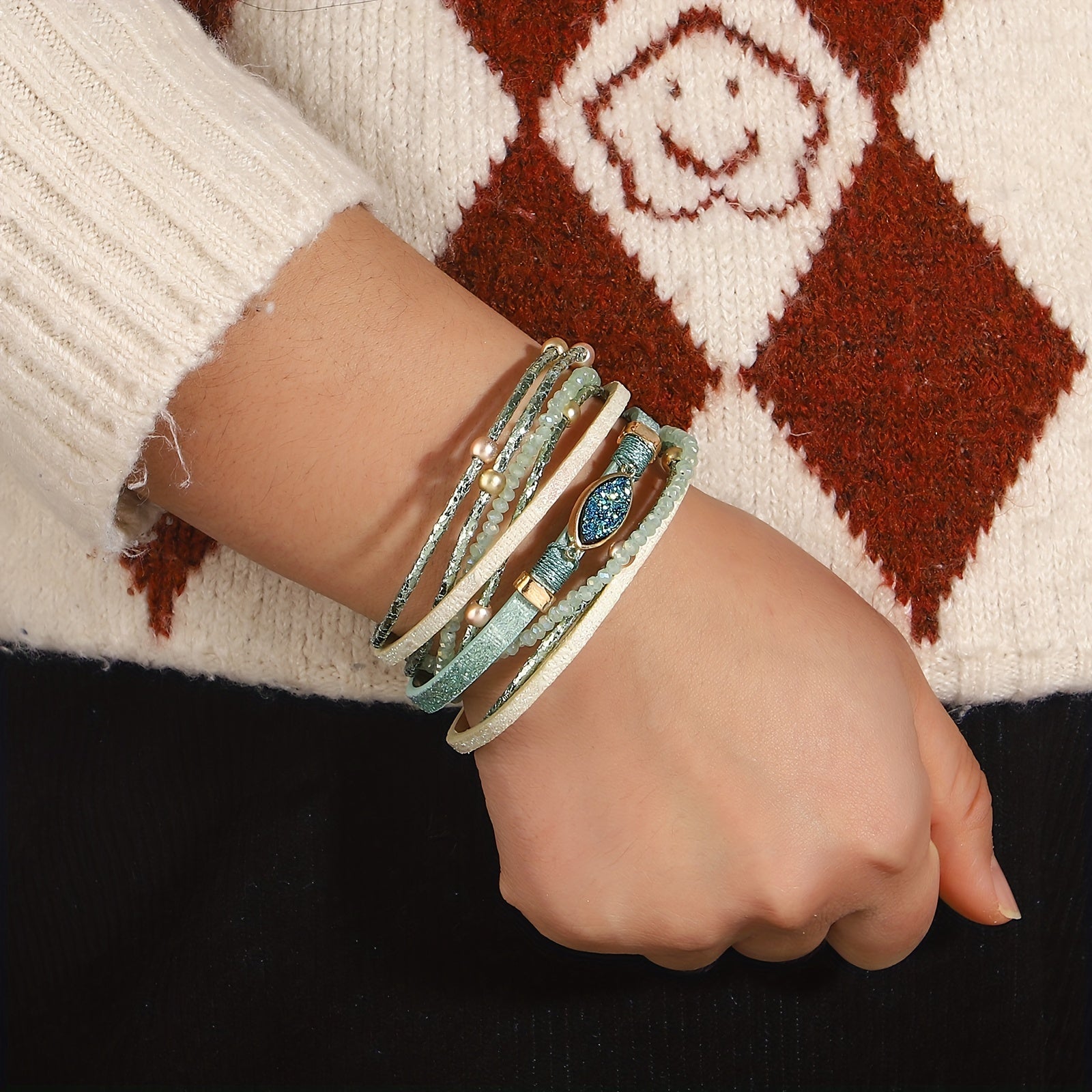 1pc Boho Resin Stone & Synthetic Leather Multilayer Wrap Bracelet for Women