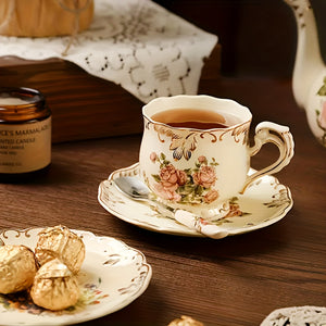 European-Style Coffee Cup And Saucer Set Made of Ivory Ceramic with a Golden Rack