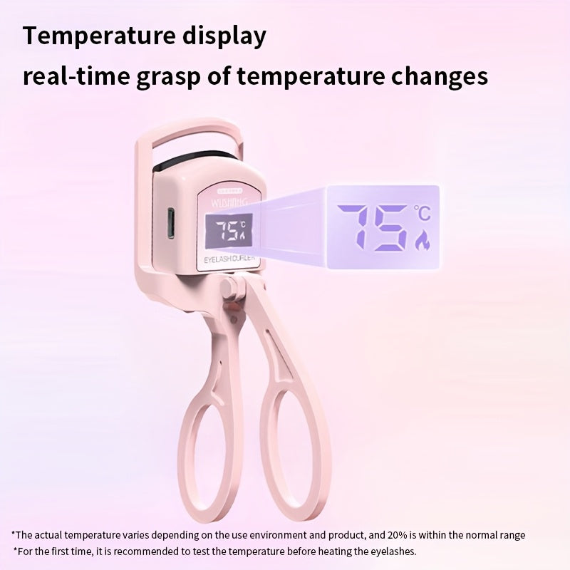 A Pink USB Heated Eyelash Curler with an LED Battery Display, Featuring a Pad That Changes Color with Temperature.