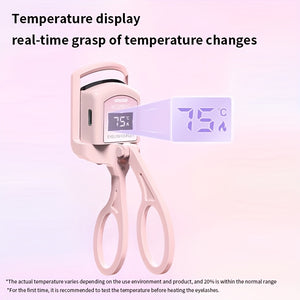 A Pink USB Heated Eyelash Curler with an LED Battery Display, Featuring a Pad That Changes Color with Temperature.